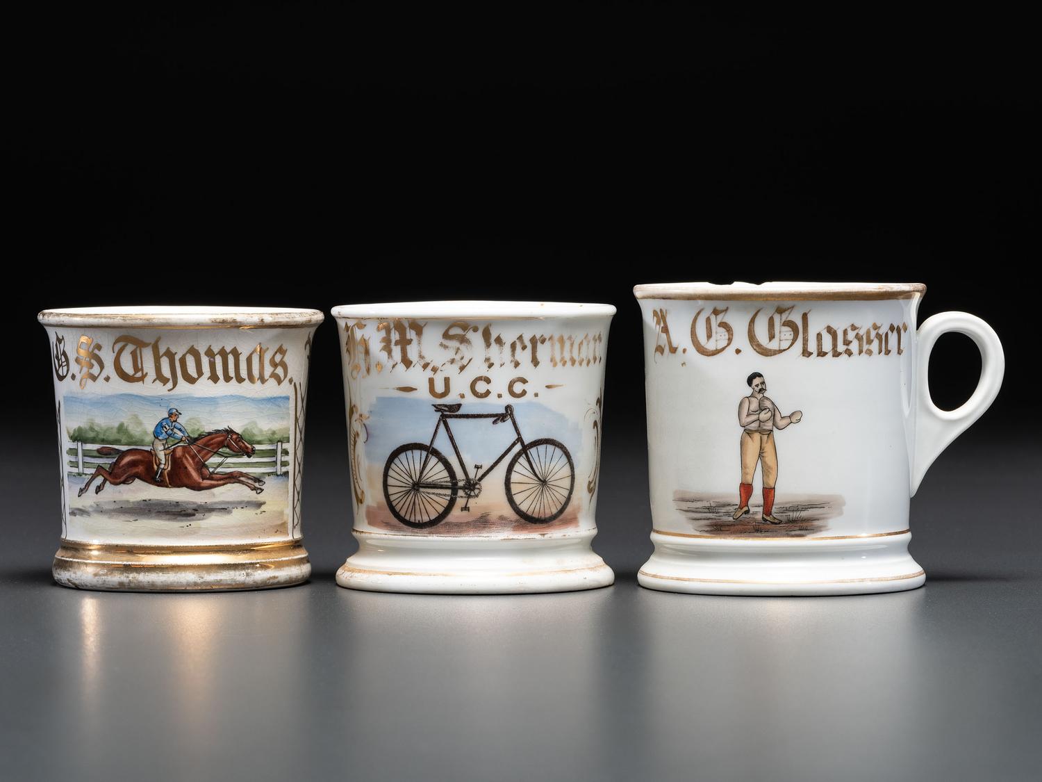 Three Sporting Porcelain Shaving Mugs