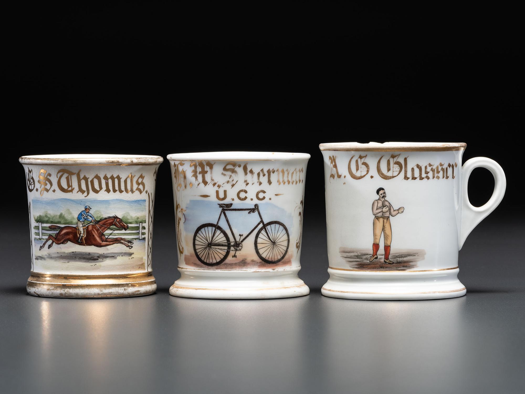 Three Sporting Porcelain Shaving Mugs