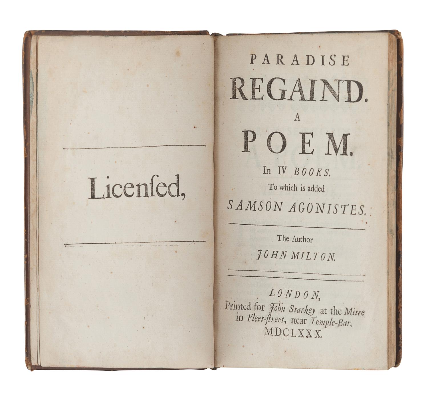 MILTON, John (1608-1674). Paradise Regain'd...to which is added Samson Agonistes. London: for John Starkey, 1680.