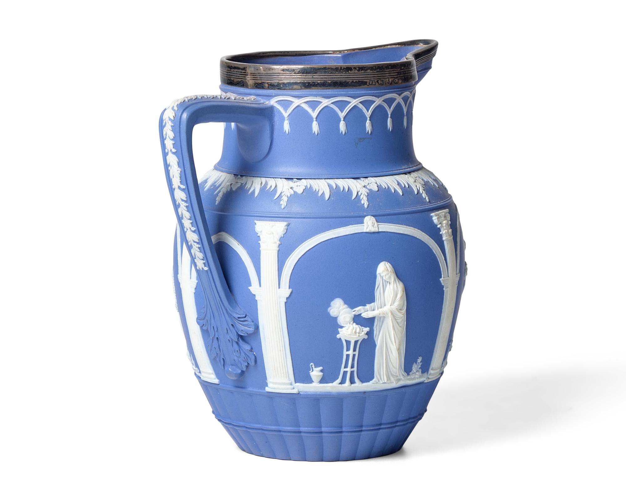 An Adams Silver Mounted Blue Jasperware Pitcher