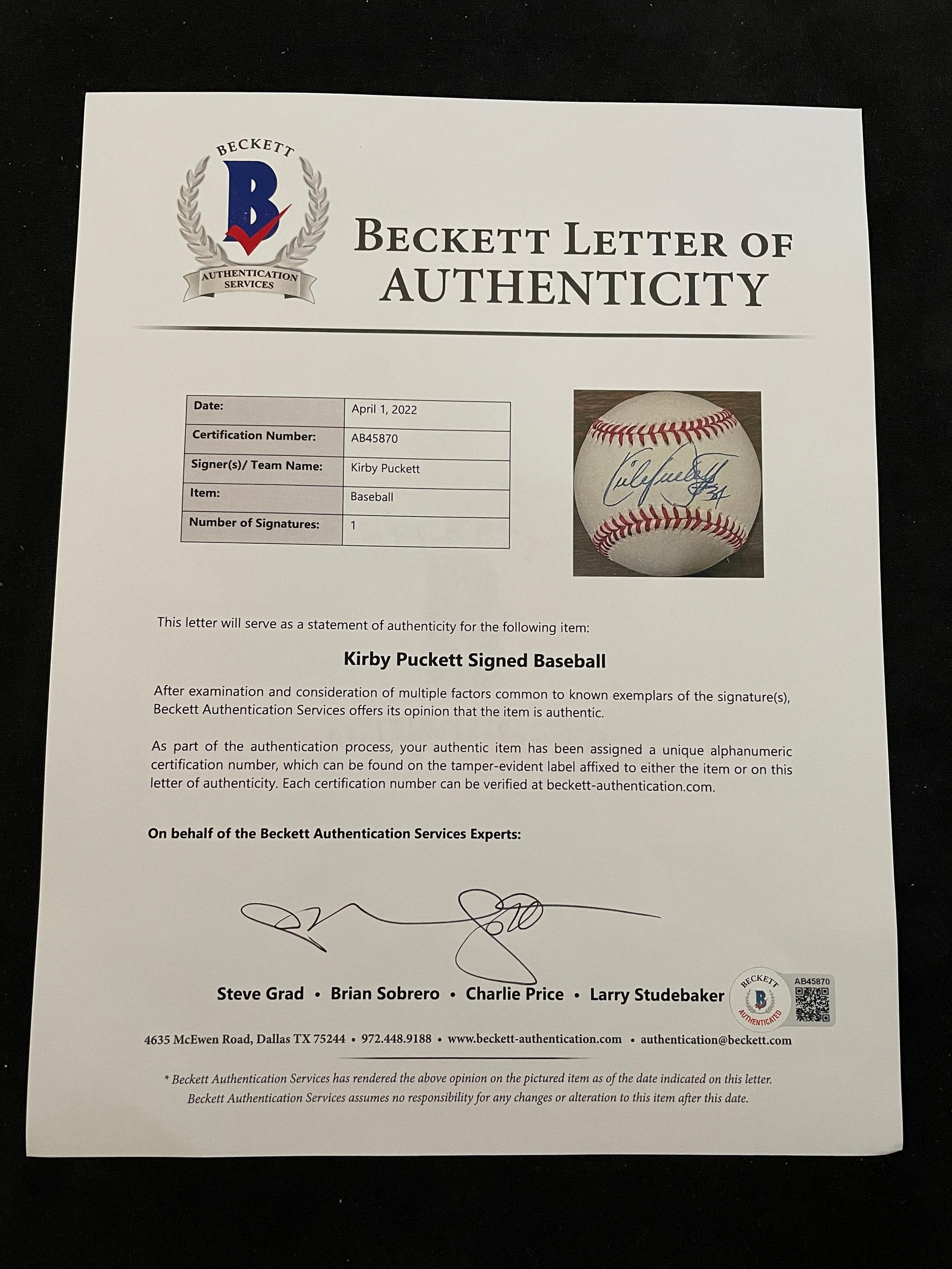 A Kirby Puckett Signed Autograph Baseball (Beckett Authentication Services Letter BAS Certified),