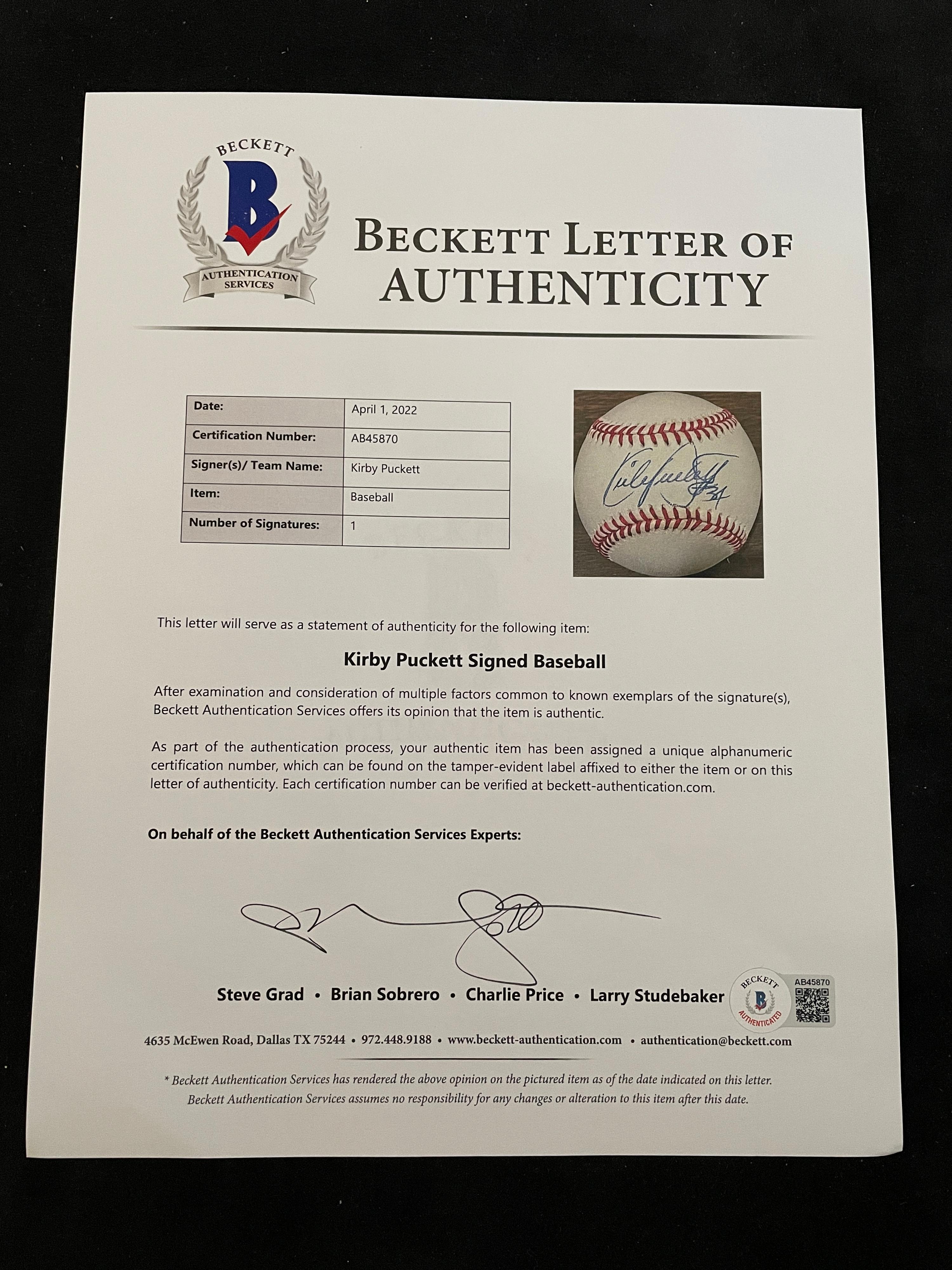 A Kirby Puckett Signed Autograph Baseball (Beckett Authentication Services Letter BAS Certified),