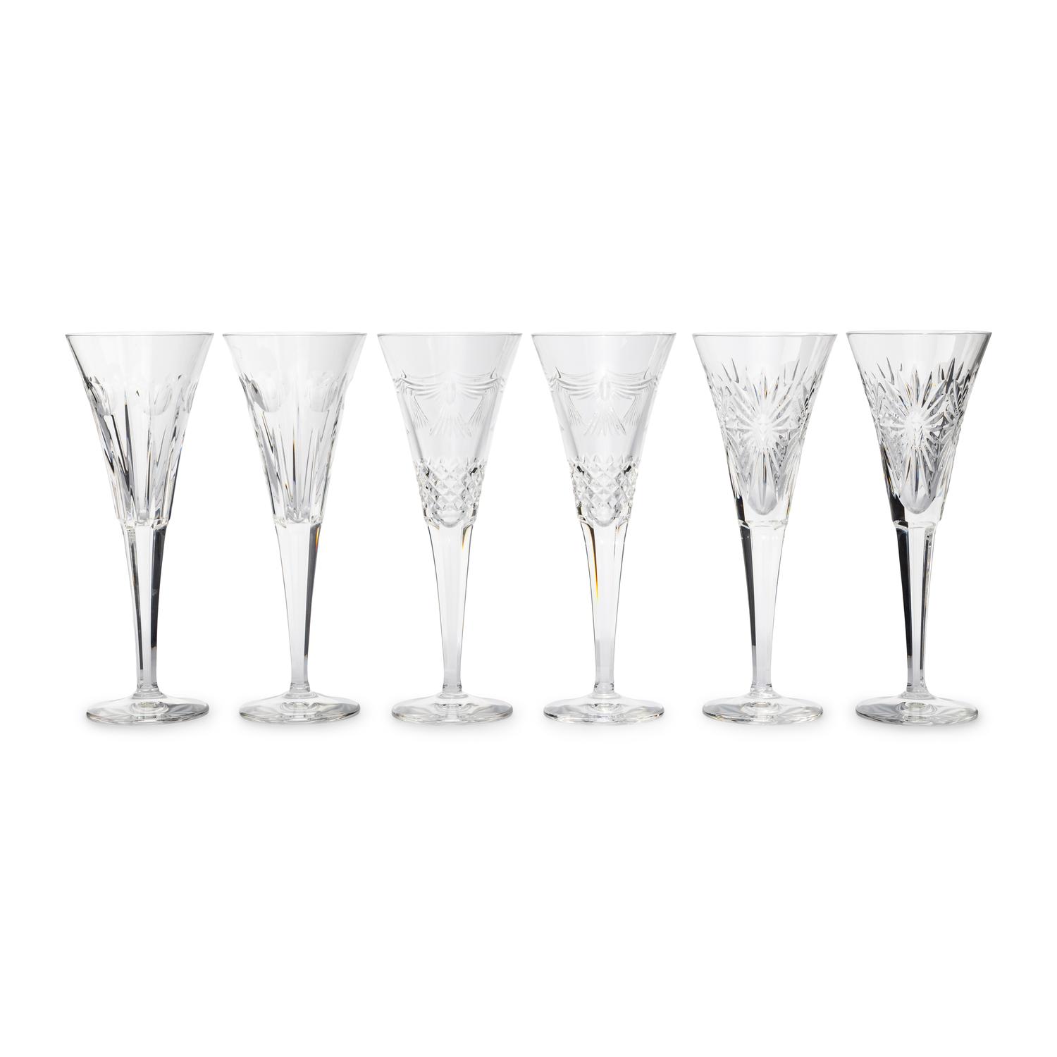 Six Waterford Cut Glass Champagne Flutes