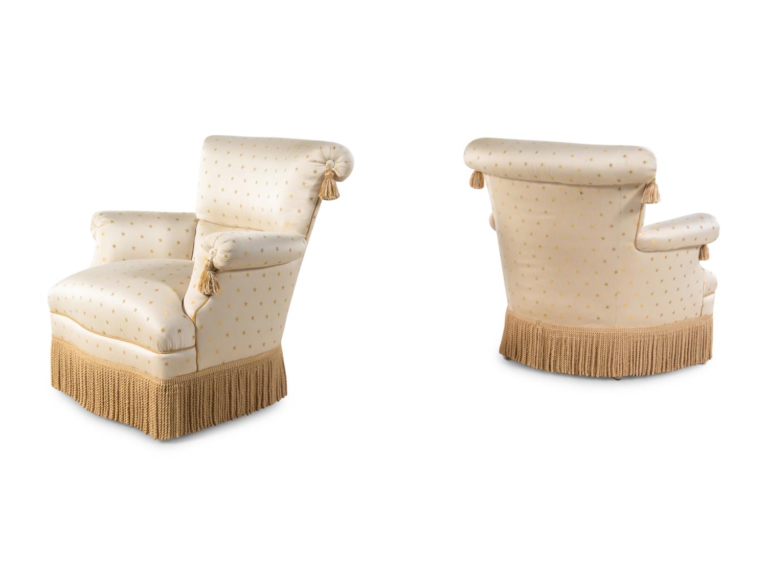A Pair of Custom Lewis Mittman Upholstered Armchairs with Bullion Fringe