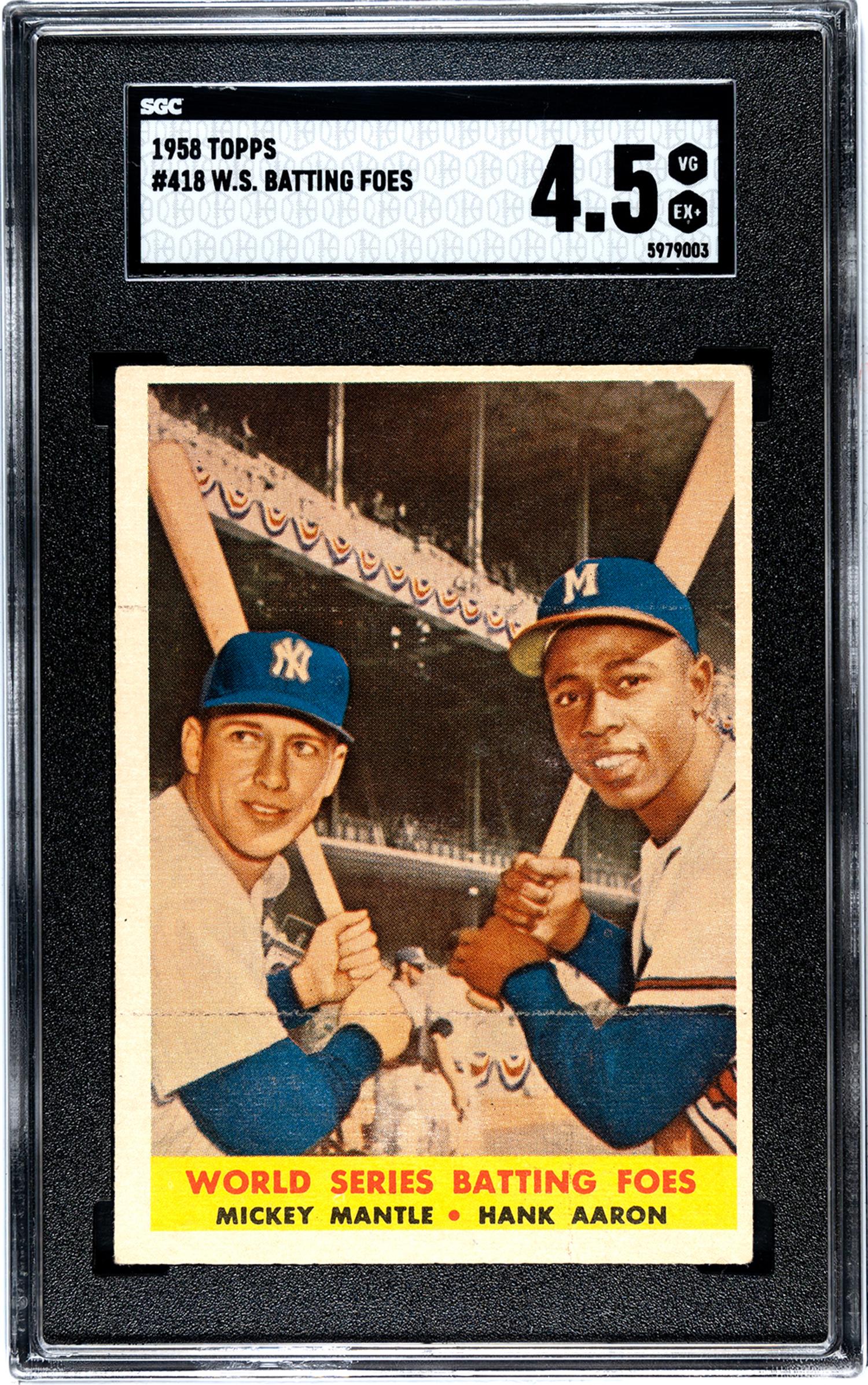 A 1958 Topps Mickey Mantle / Hank Aaron World Series Batting Foes Baseball Card No. 418 (SGC 4.5 VG-EX+)