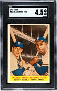 A 1958 Topps Mickey Mantle / Hank Aaron World Series Batting Foes Baseball Card No. 418 (SGC 4.5 VG-EX+)
