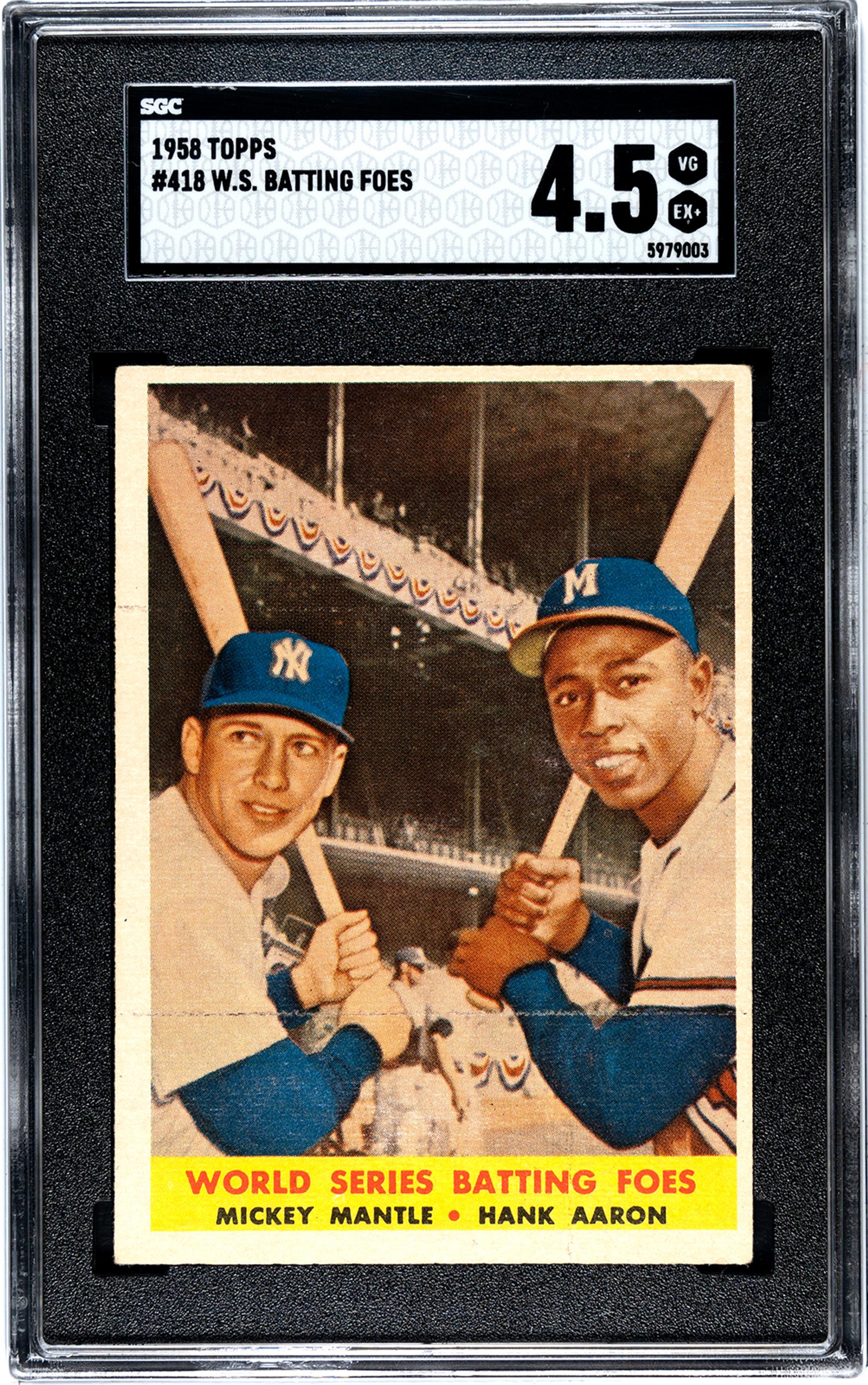 A 1958 Topps Mickey Mantle / Hank Aaron World Series Batting Foes Baseball Card No. 418 (SGC 4.5 VG-EX+)
