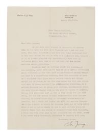 JUNG, Carl Gustav (1875-1961). Typed letter signed ("C. G. Jung"), to Miss Jeanie E. Hughes. Küsnacht, Zürich, 6 March 1937. 1 page, 4to (293 x 209 mm), on personal stationery, with original typed envelope.