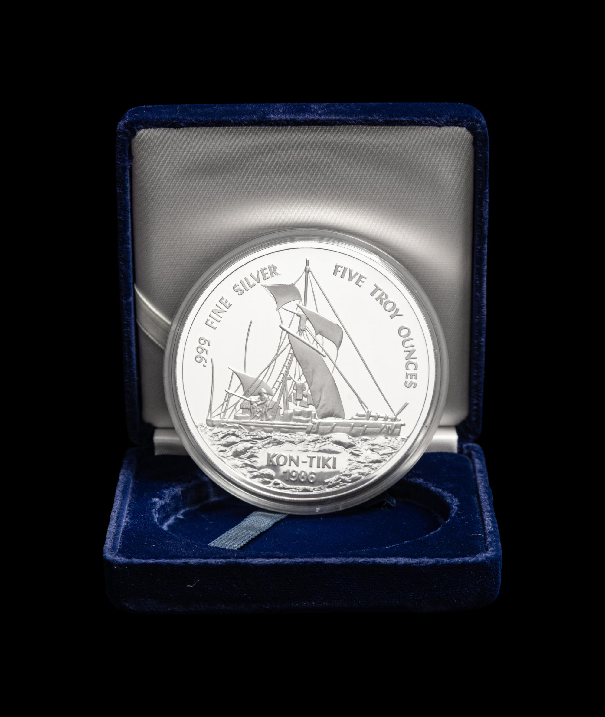 [WESTERN SAMOA] A 1986 Kon Tiki 5-Troy oz. Commemorative Silver Proof Coin