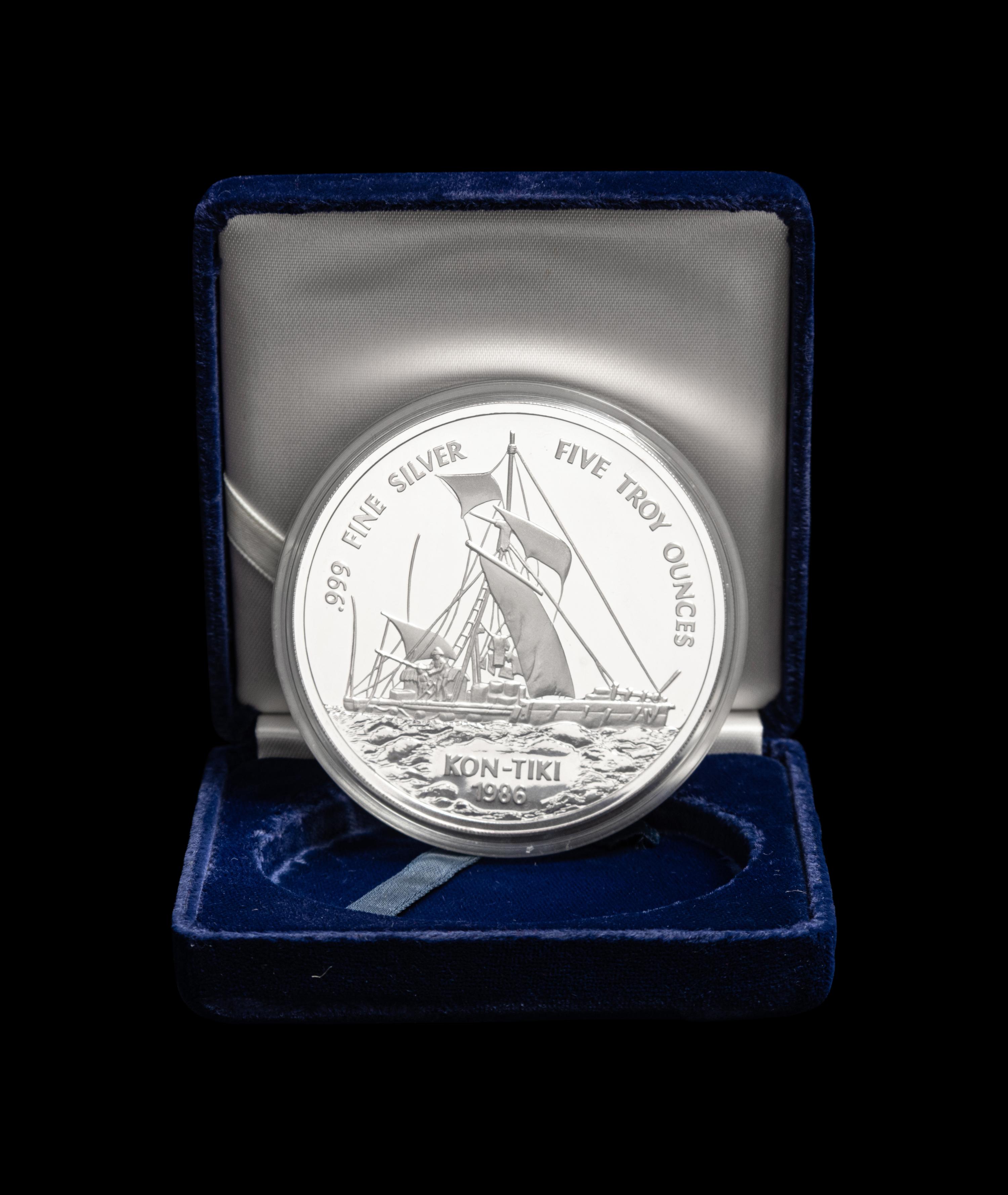 [WESTERN SAMOA] A 1986 Kon Tiki 5-Troy oz. Commemorative Silver Proof Coin