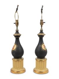 A Pair of Continental Porcelain and Giltwood Lamps