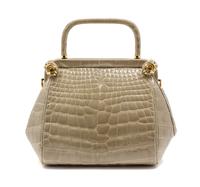 A Judith Leiber Taupe Alligator Evening Bag, 8 1/2 x 6 x 4 inches.