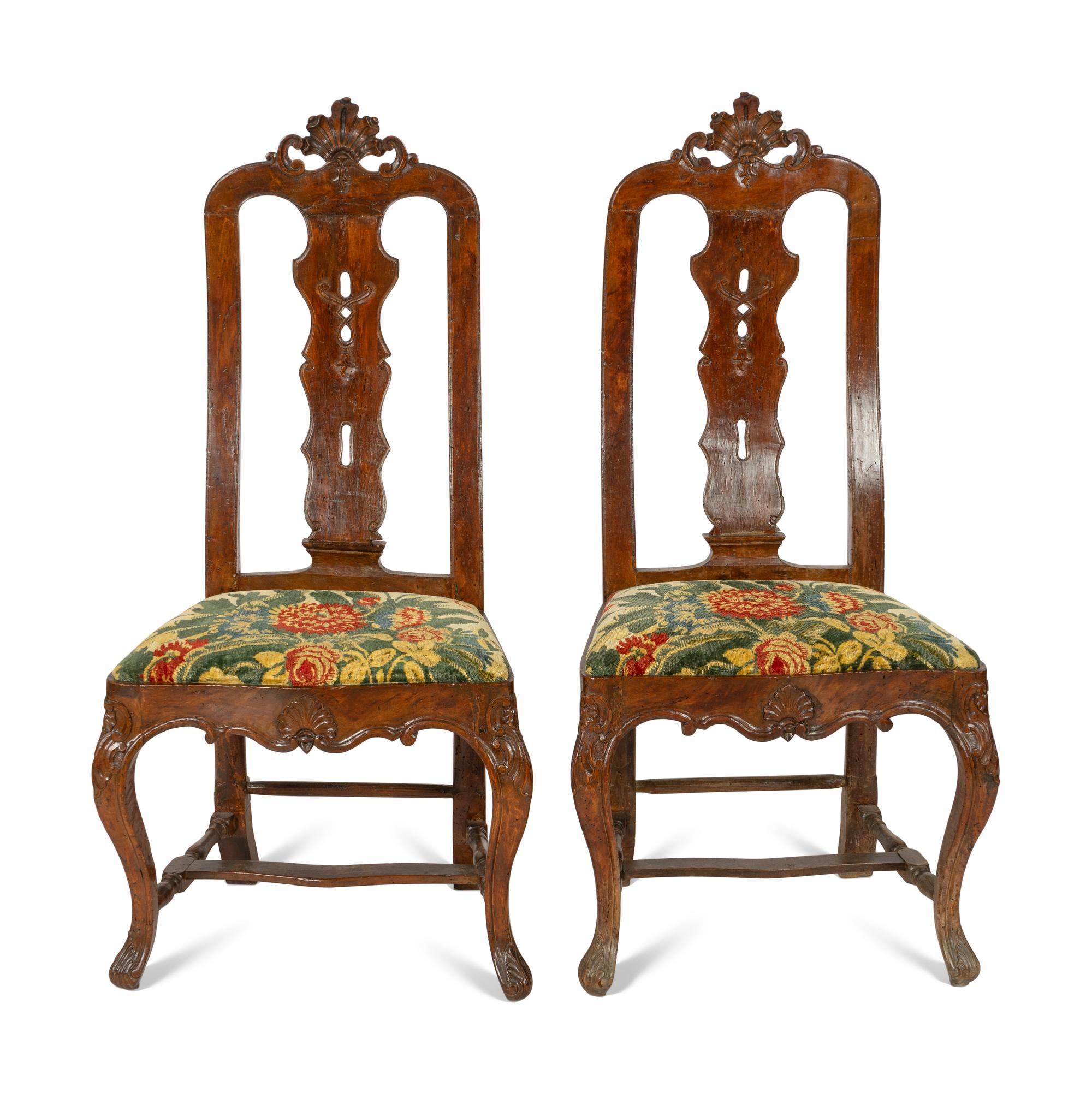 A Pair of Portuguese Carved Walnut Side Chairs