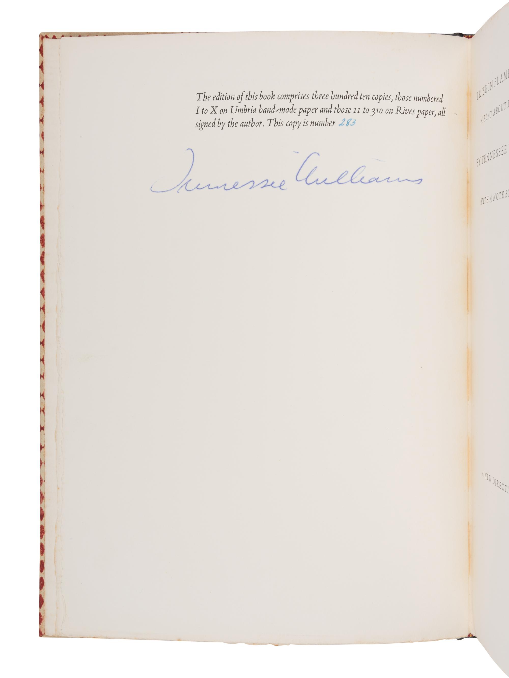 WILLIAMS, Tennessee (1911-1983). I Rise in Flame, Cried the Phoenix . A Play about D.H. Lawrence . New York: New Directions, 1951.