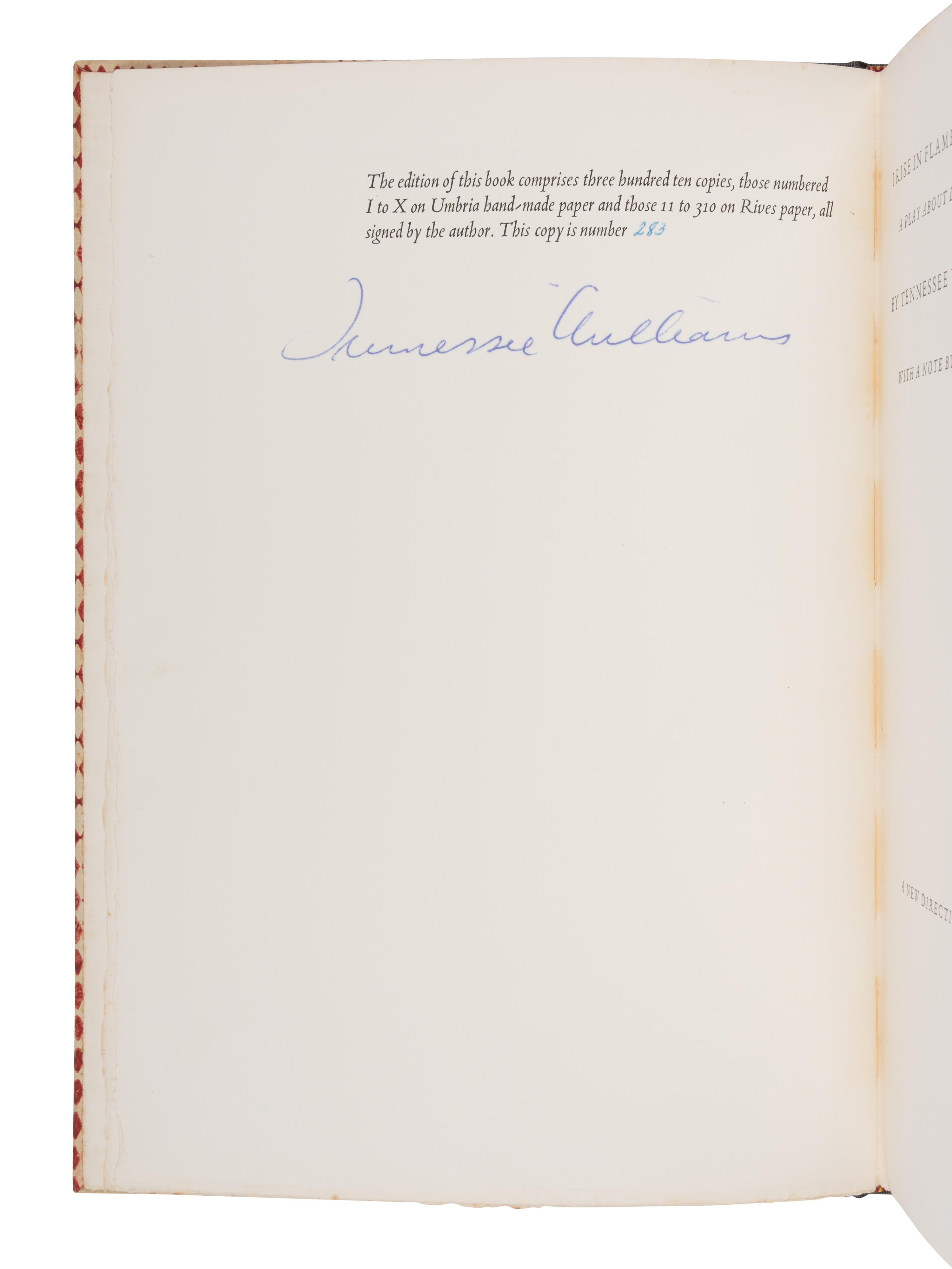 WILLIAMS, Tennessee (1911-1983). I Rise in Flame, Cried the Phoenix . A Play about D.H. Lawrence . New York: New Directions, 1951.