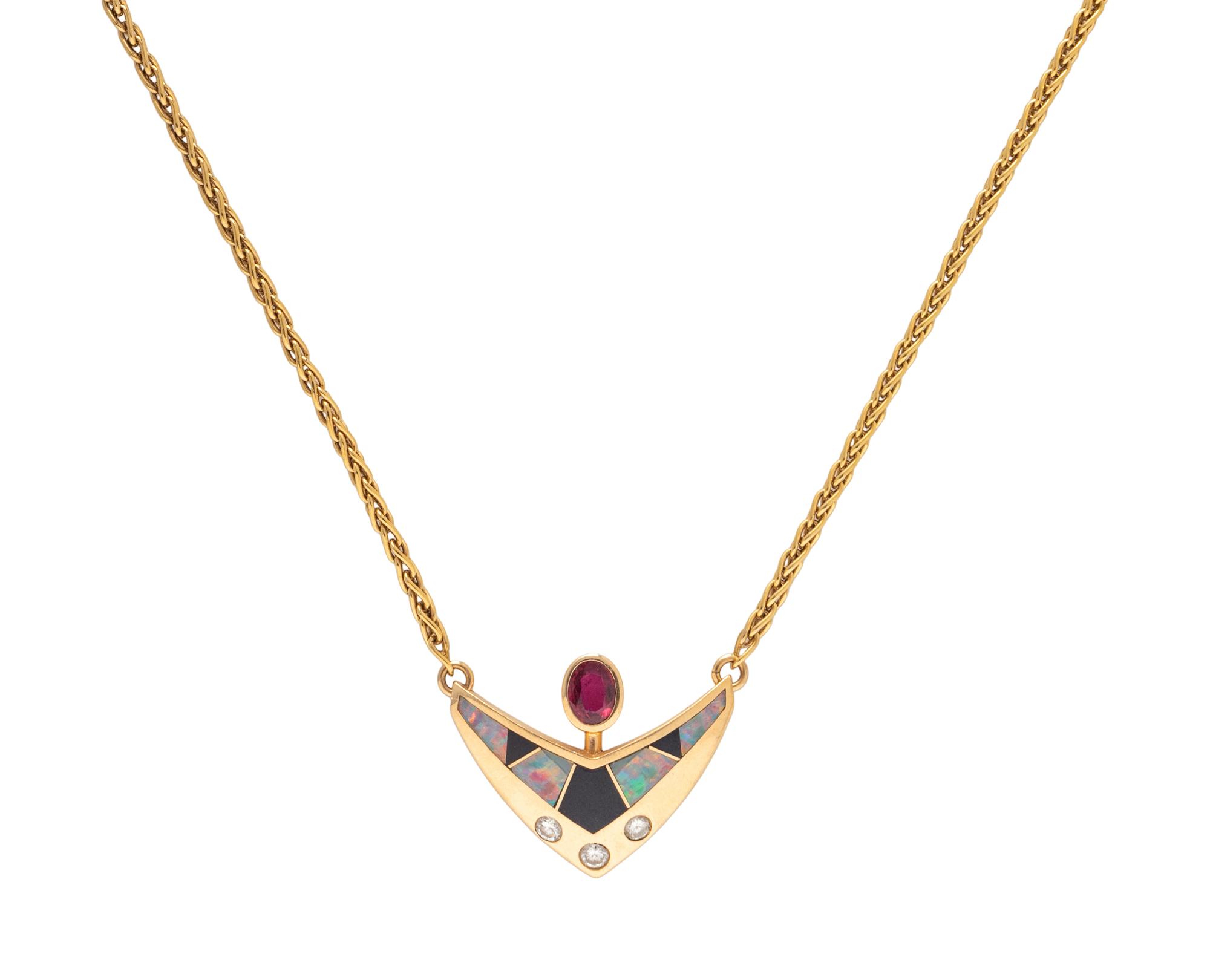 RUBY, OPAL, ONYX, AND DIAMOND NECKLACE