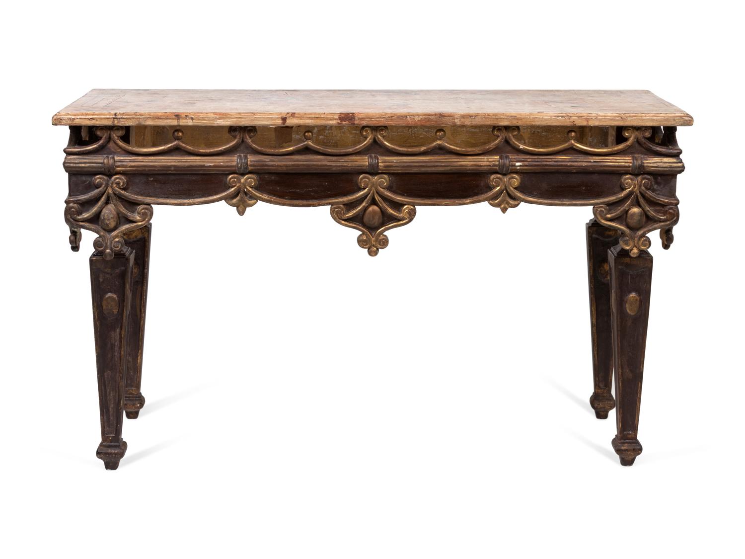 A Pair of Italian Painted and Parcel Gilt Faux Marble-Top Console Tables