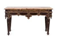 A Pair of Italian Painted and Parcel Gilt Faux Marble-Top Console Tables