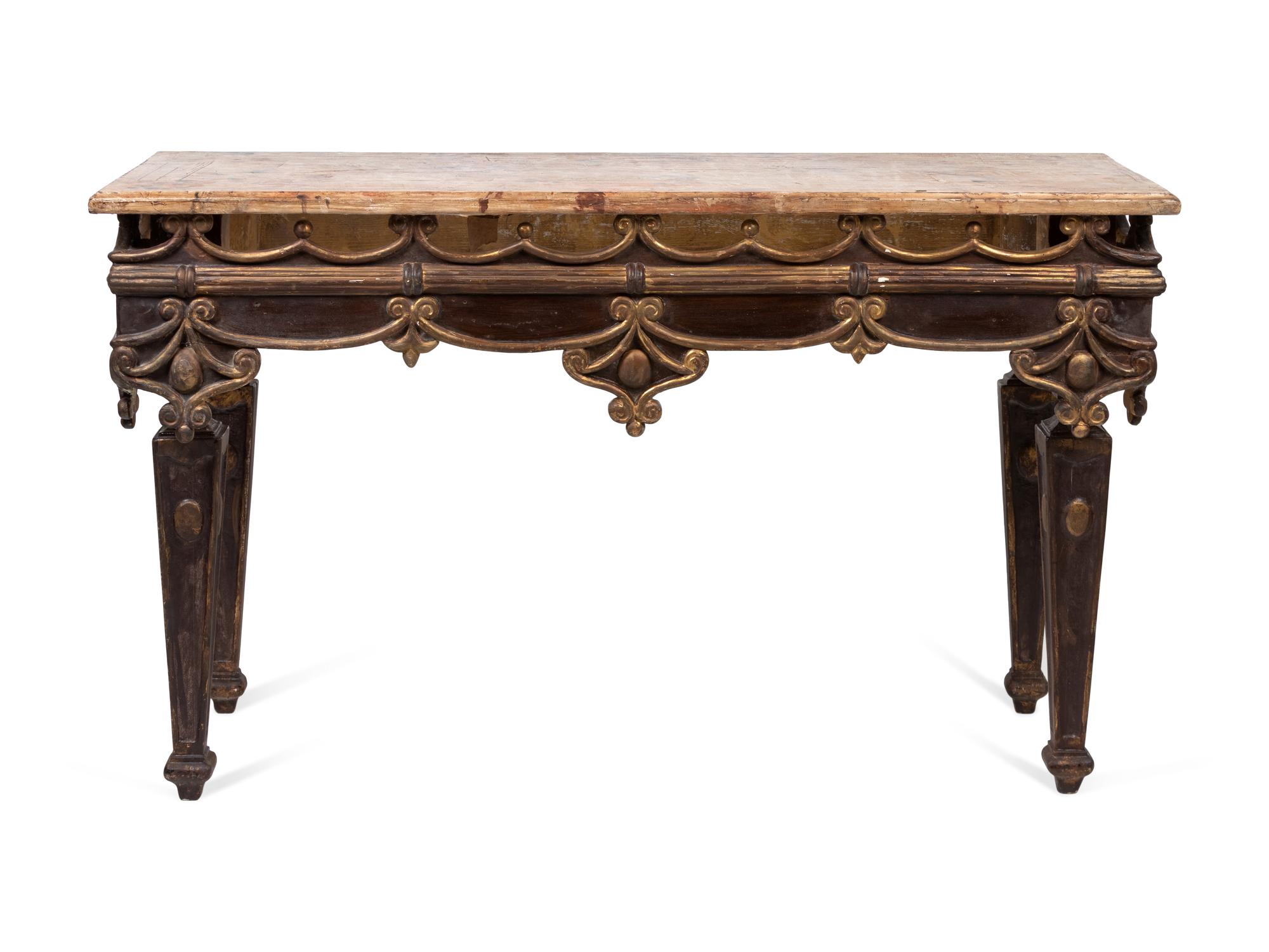A Pair of Italian Painted and Parcel Gilt Faux Marble-Top Console Tables