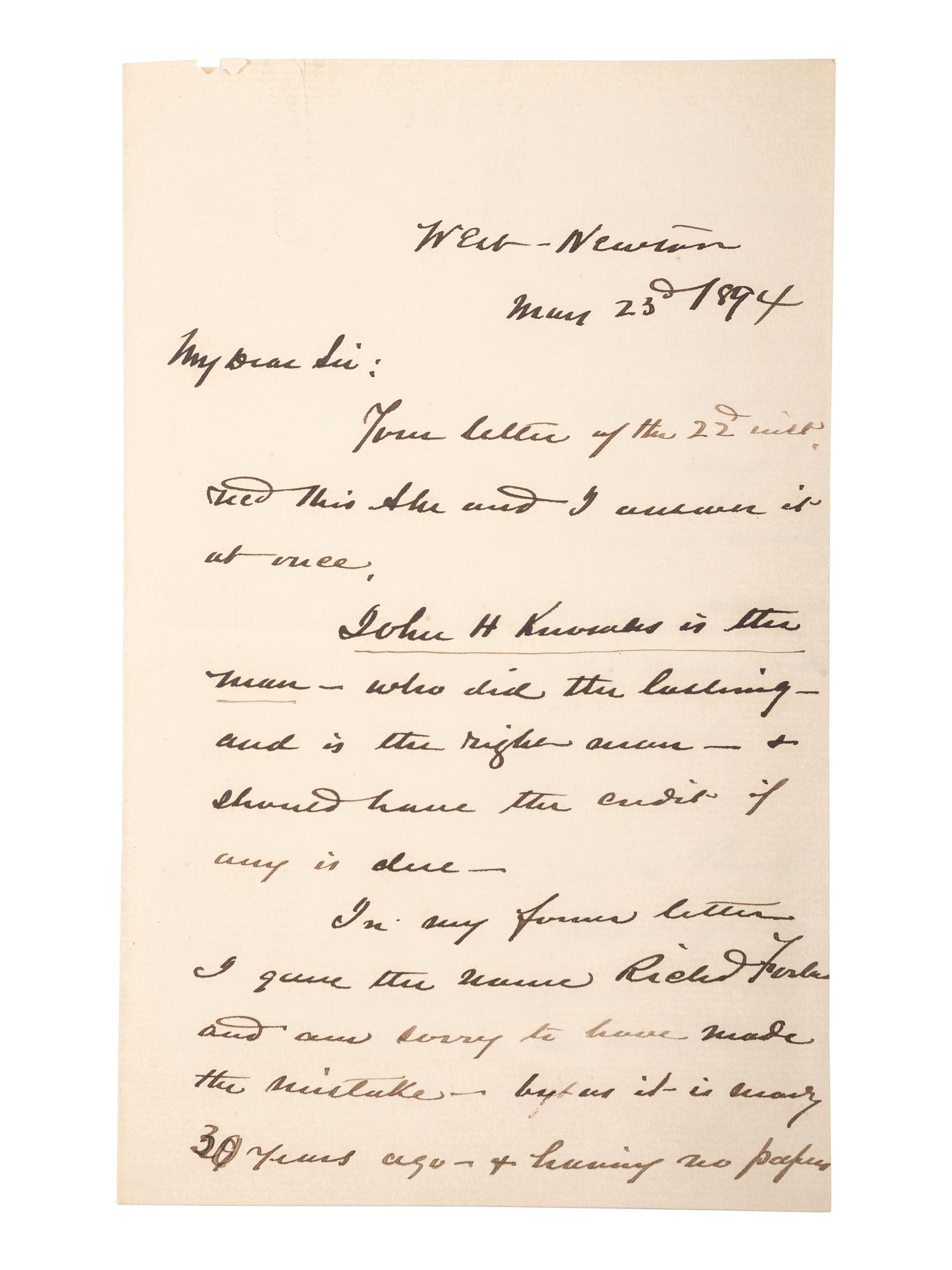 [CIVIL WAR - NAVY]. A group of 9 documents related to Robert Coster and his efforts to confirm the identity of the man who lashed Rear Admiral David G. Farragut to the rigging of the Hartford at the Battle of Mobile Bay.