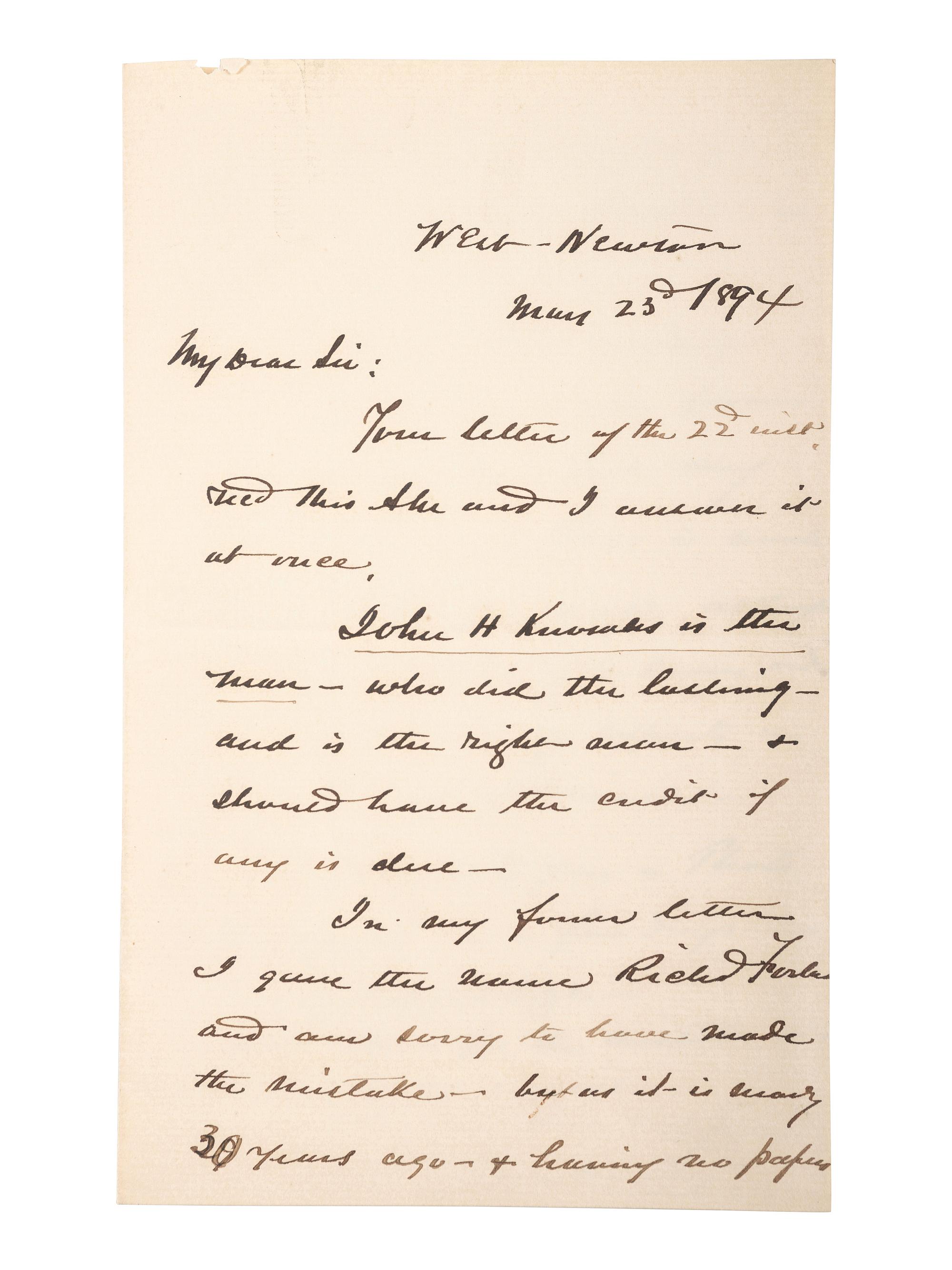 [CIVIL WAR - NAVY]. A group of 9 documents related to Robert Coster and his efforts to confirm the identity of the man who lashed Rear Admiral David G. Farragut to the rigging of the Hartford at the Battle of Mobile Bay.
