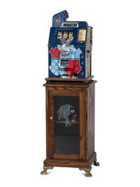 A Mills Novelty Co. Castle Front 50 Cent Slot Machine on Chief's Head Engraved Glass Stand