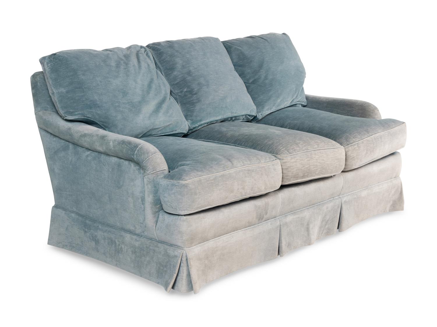 A Custom Velvet Upholstered Three-Cushion Sofa