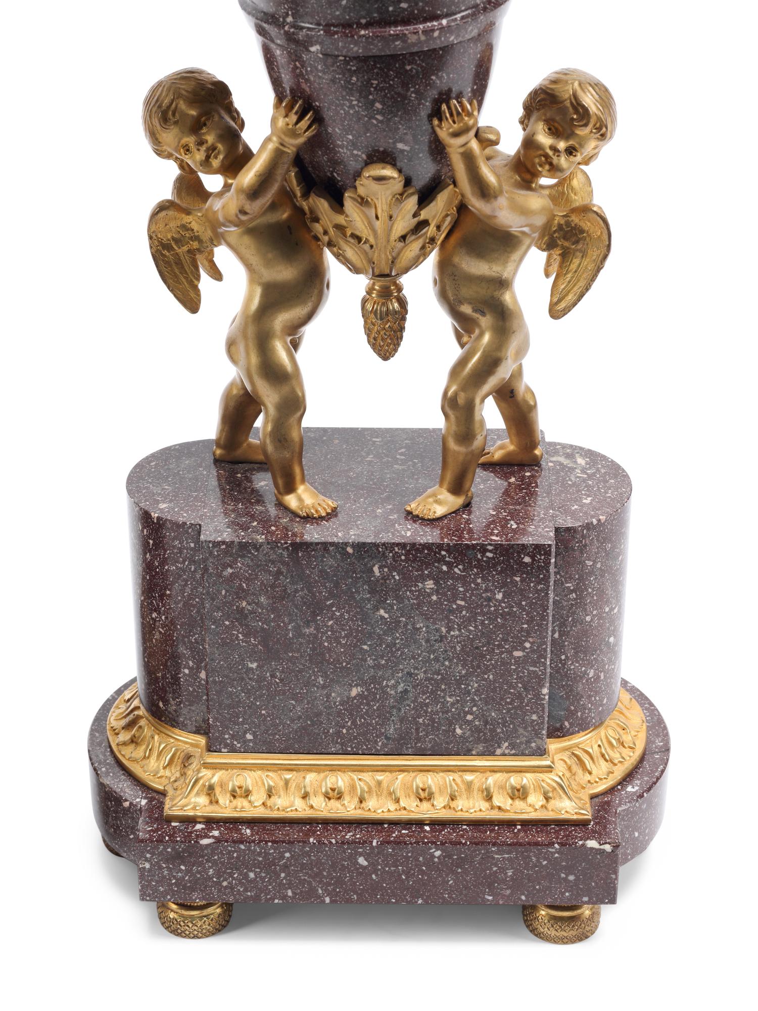 A Pair of Gilt Bronze Mounted Carved Hardstone Urns