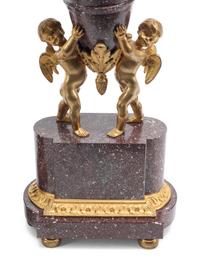 A Pair of Gilt Bronze Mounted Carved Hardstone Urns