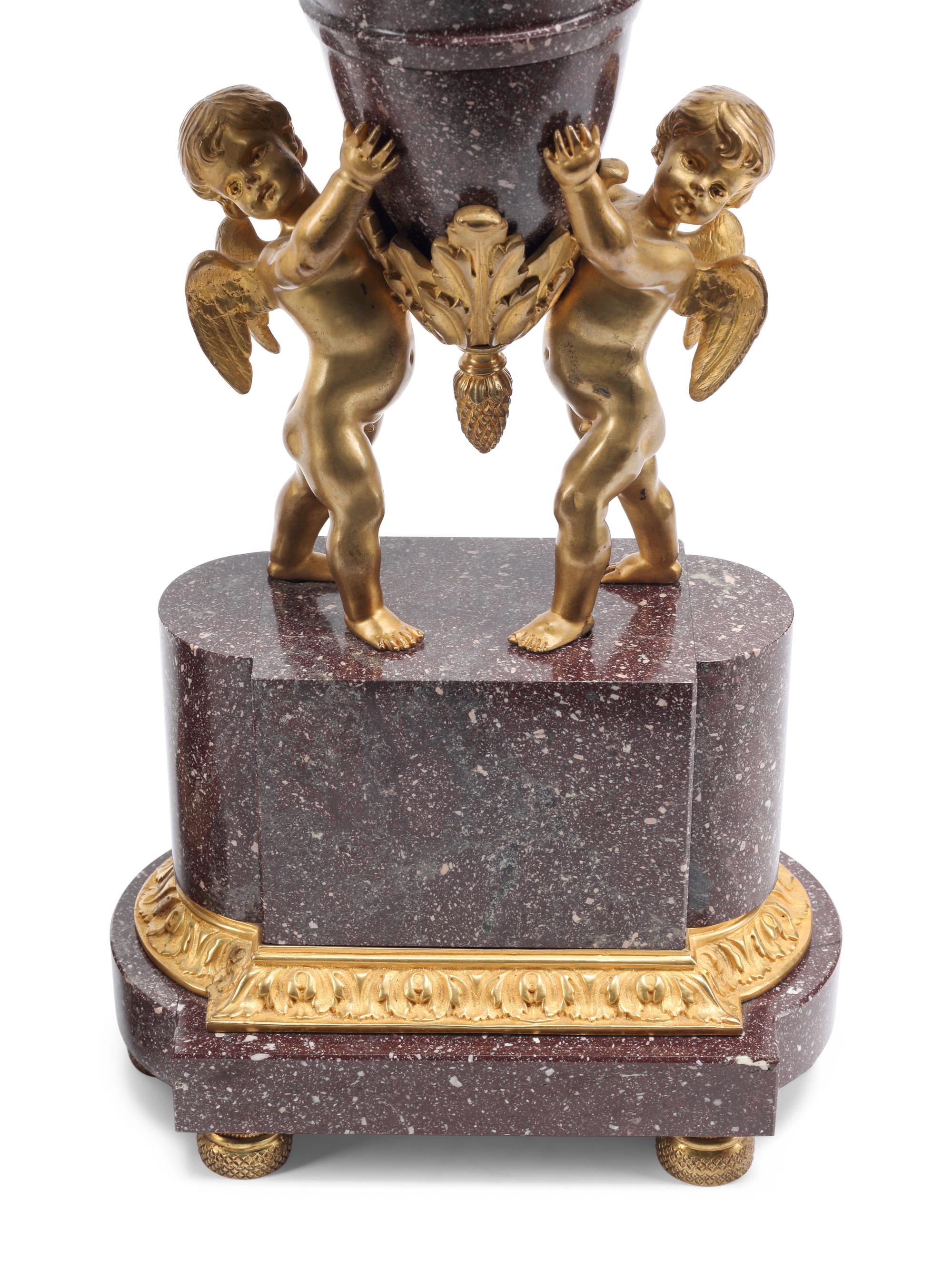 A Pair of Gilt Bronze Mounted Carved Hardstone Urns