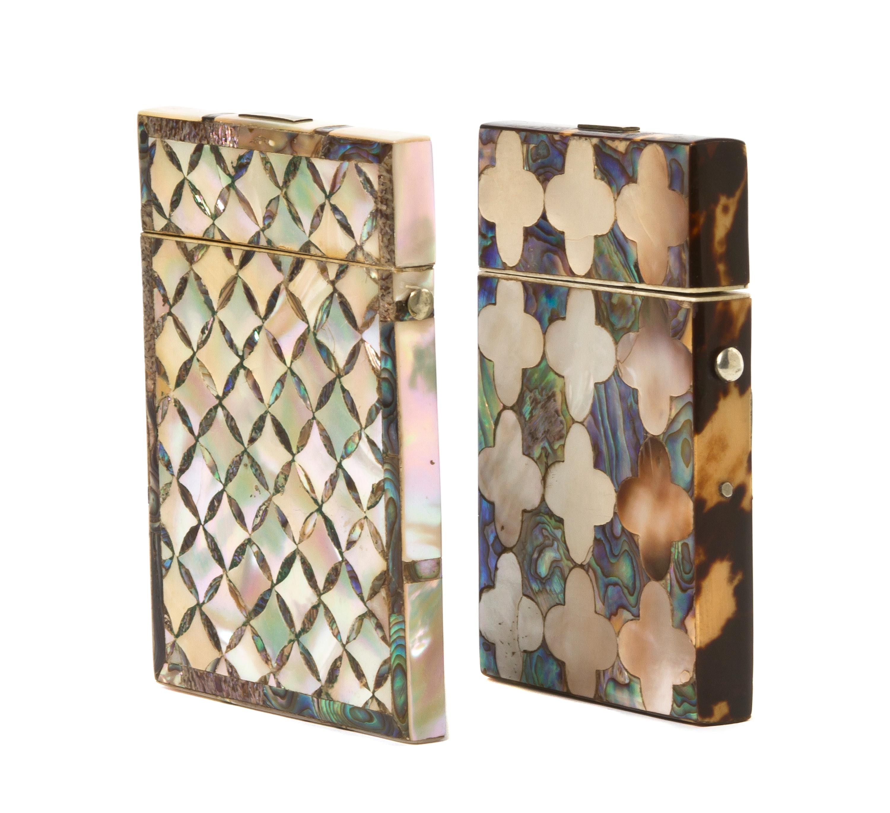 Two Mother-of-Pearl and Abalone Veneered Card Cases, Height of taller 4 inches.