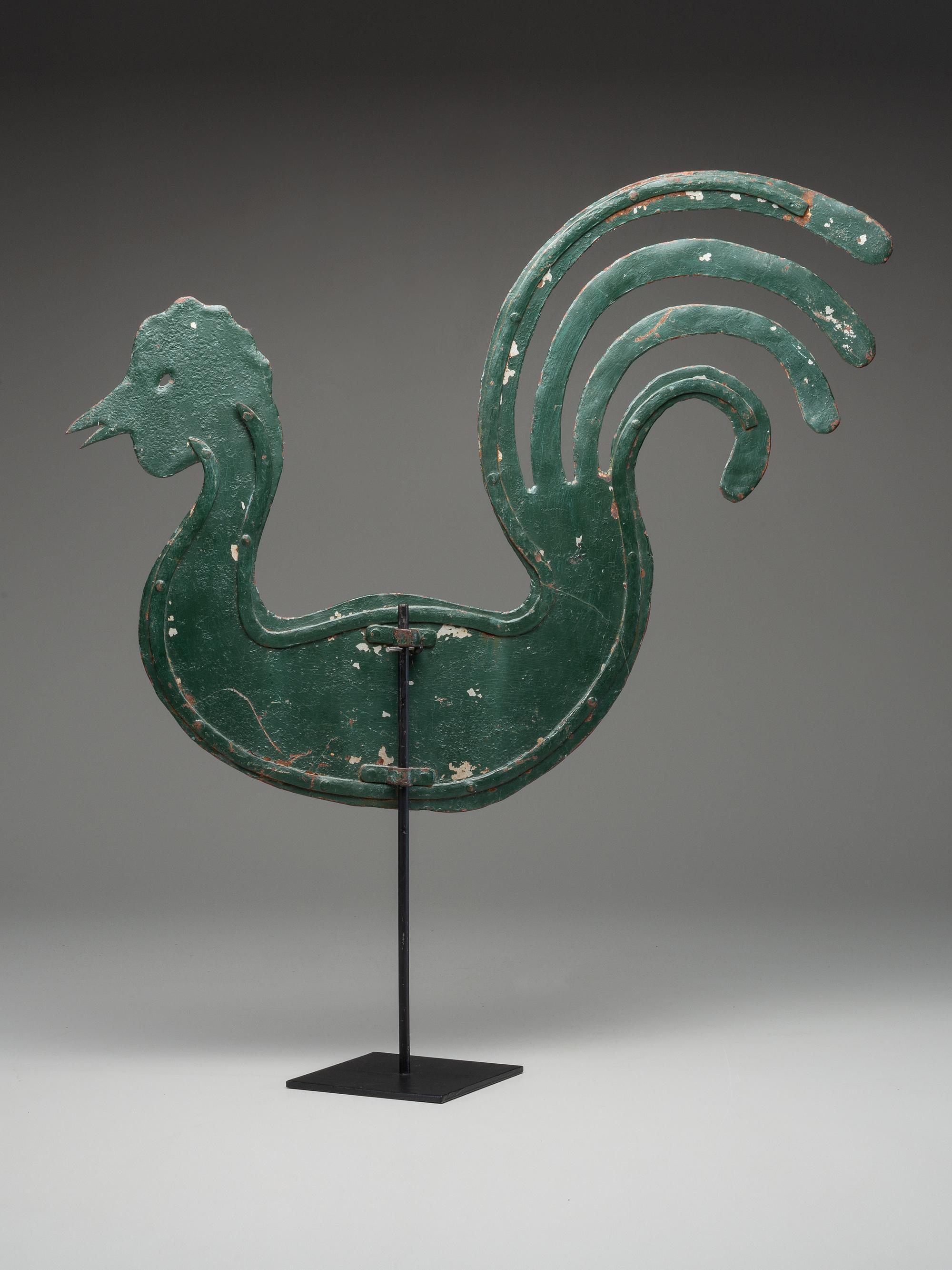 A Cut and Painted Sheet Metal Rooster Weathervane