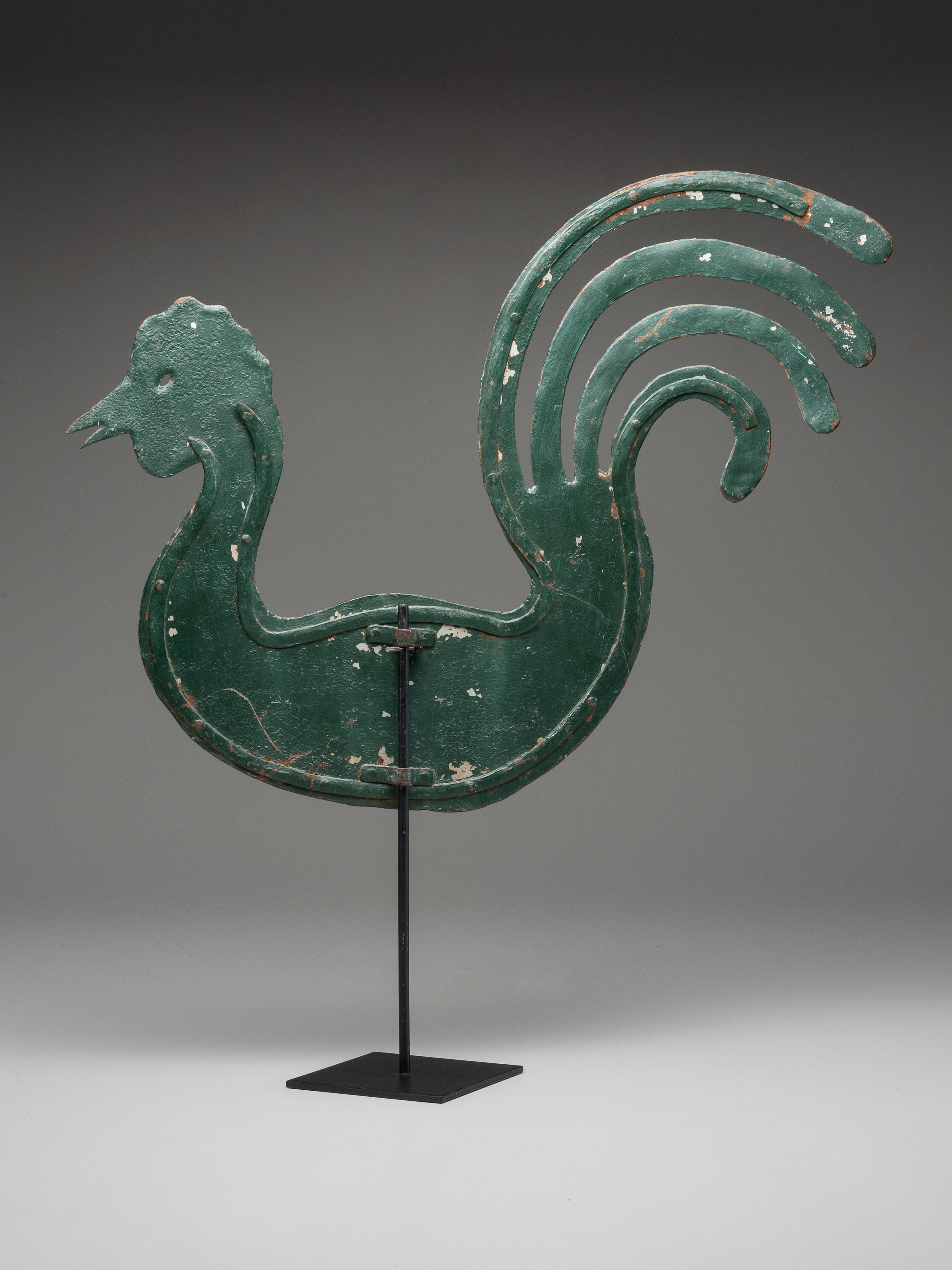 A Cut and Painted Sheet Metal Rooster Weathervane