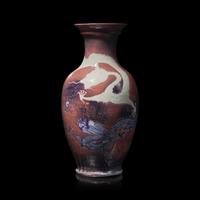 An Unusual and Large Carved Underglaze Blue and Copper Red "Dragons" Vase — 青花釉裡紅龍紋大瓶