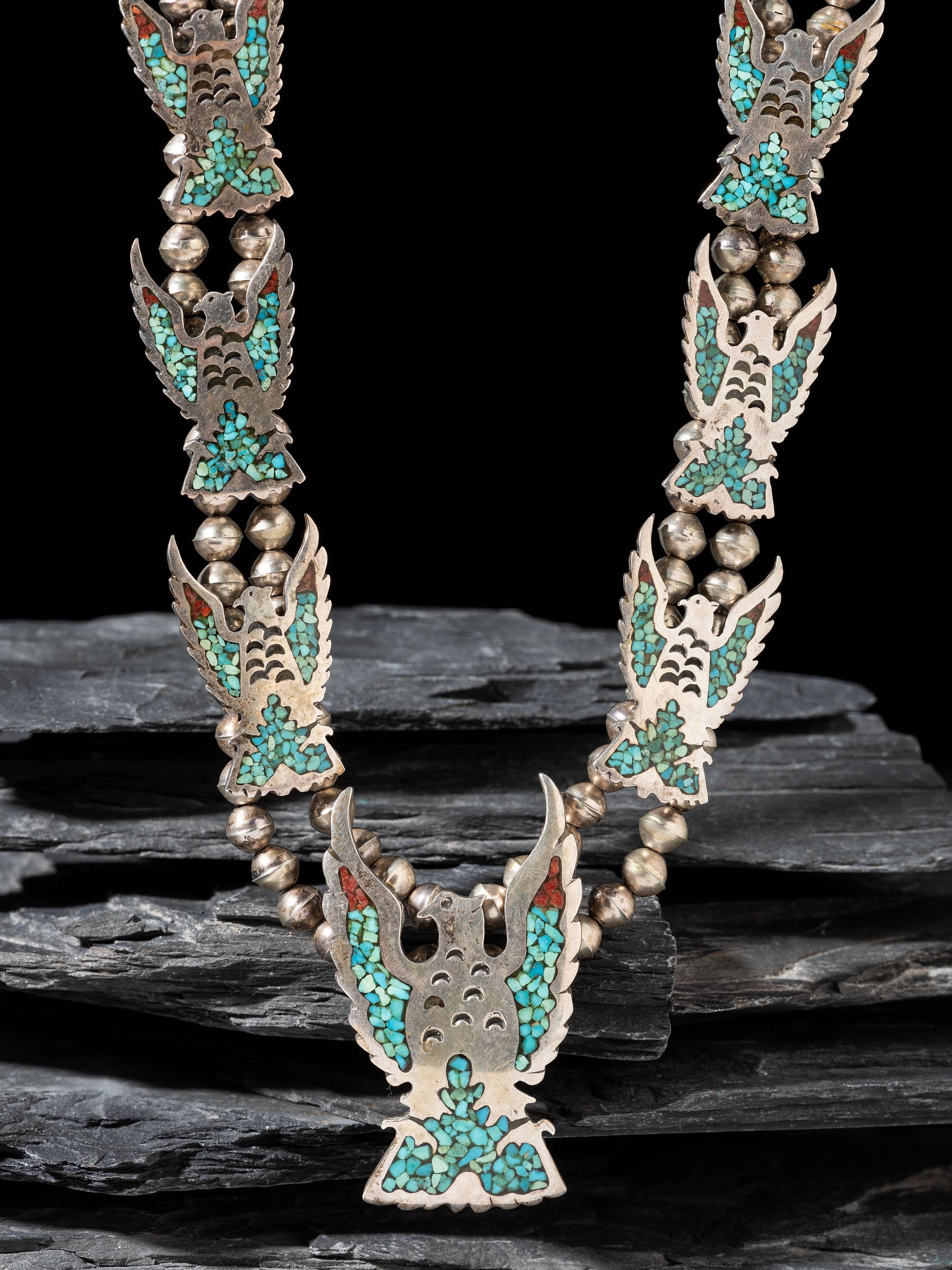 Navajo Chip Inlay Peyote Bird Squash Blossom Necklace