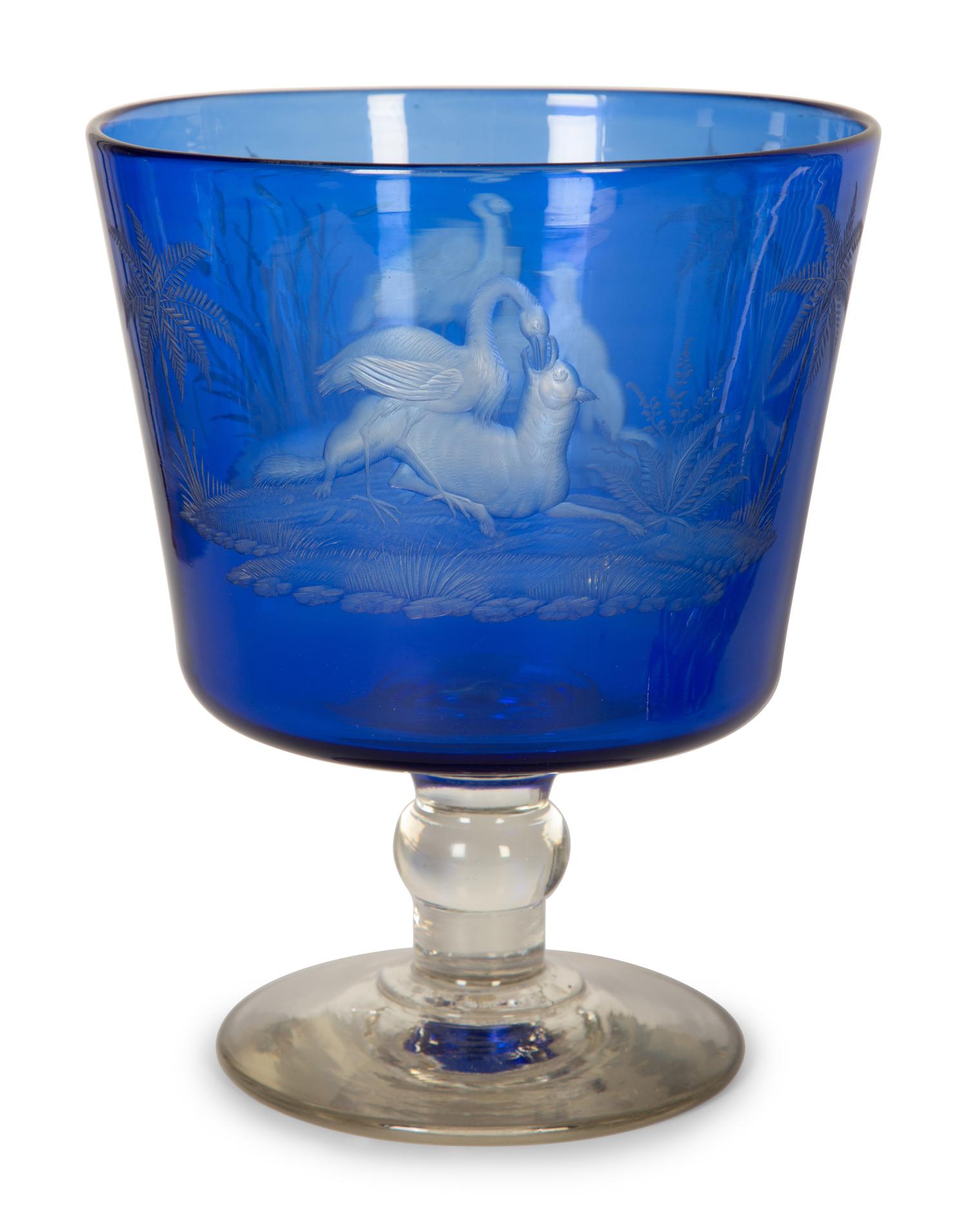 Two Bohemian Cobalt Blue Glass Footed Compotes and a Dish