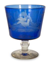 Two Bohemian Cobalt Blue Glass Footed Compotes and a Dish