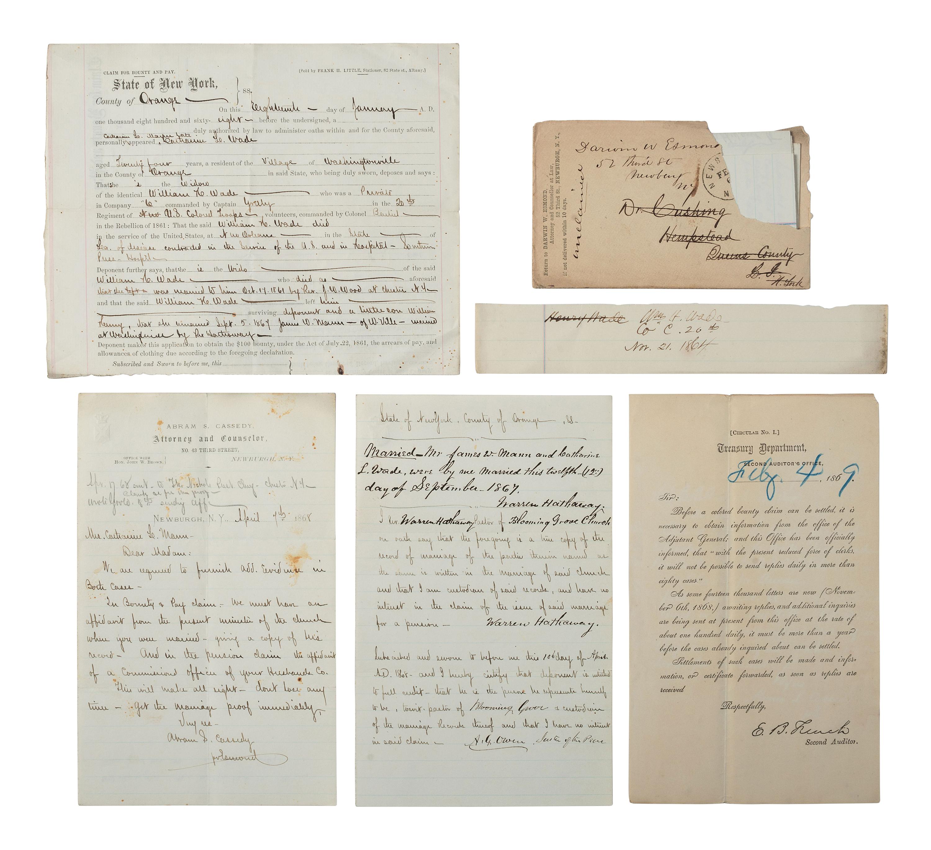[CIVIL WAR]. Archive identified to African American soldier William H. Wade, 20th US Colored Troops, incl. correspondence and war-date documents.