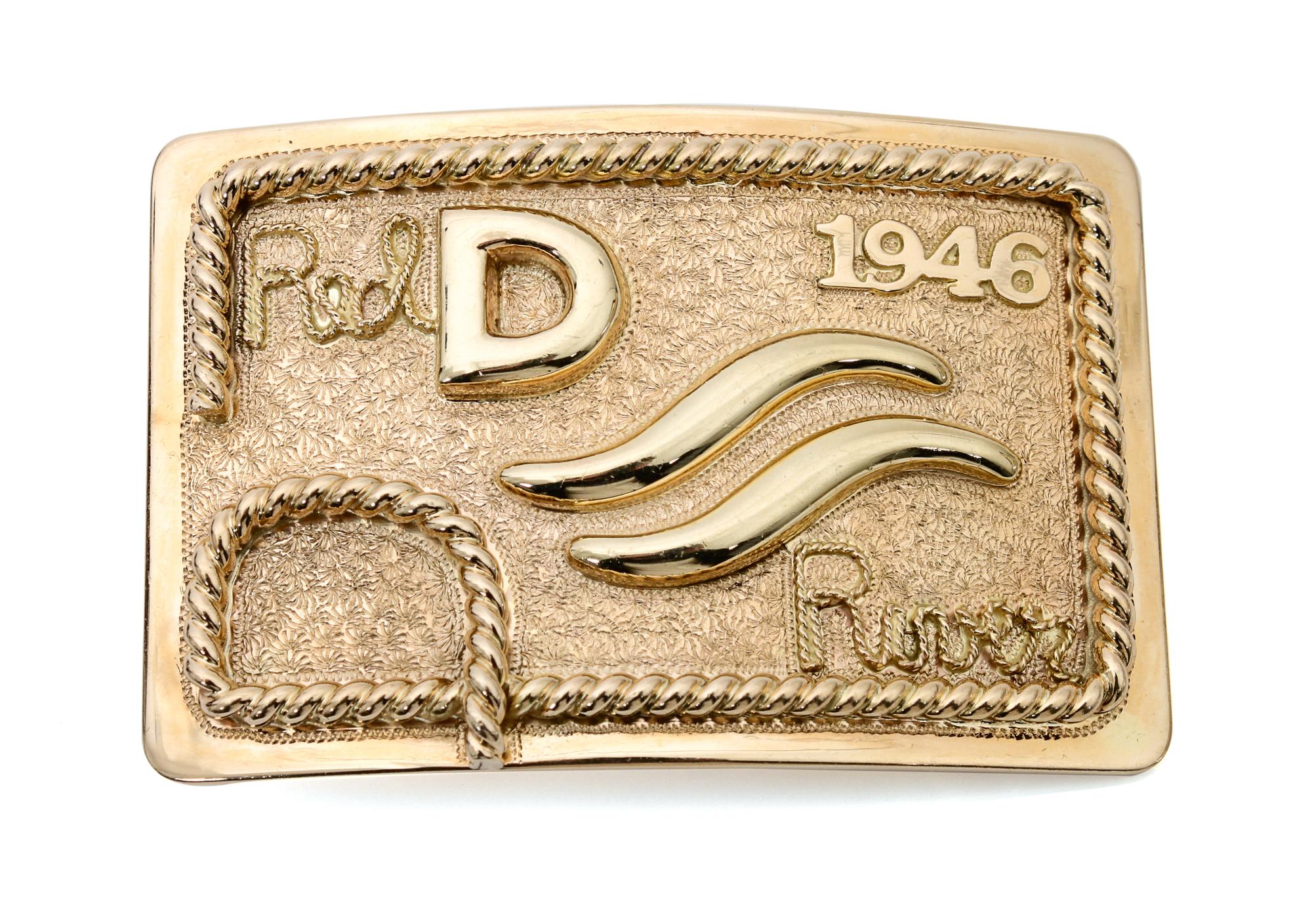 Edward H. Bohlin 14 Karat Yellow Gold Red River Trophy Buckle Height 2 14/ x width 3 1/2 inches
