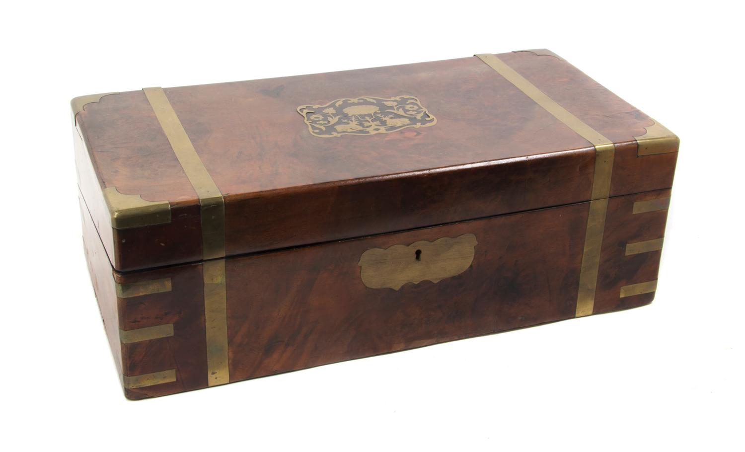 An English Walnut Lap Desk, Height 7 x width 20 x depth 10 inches.