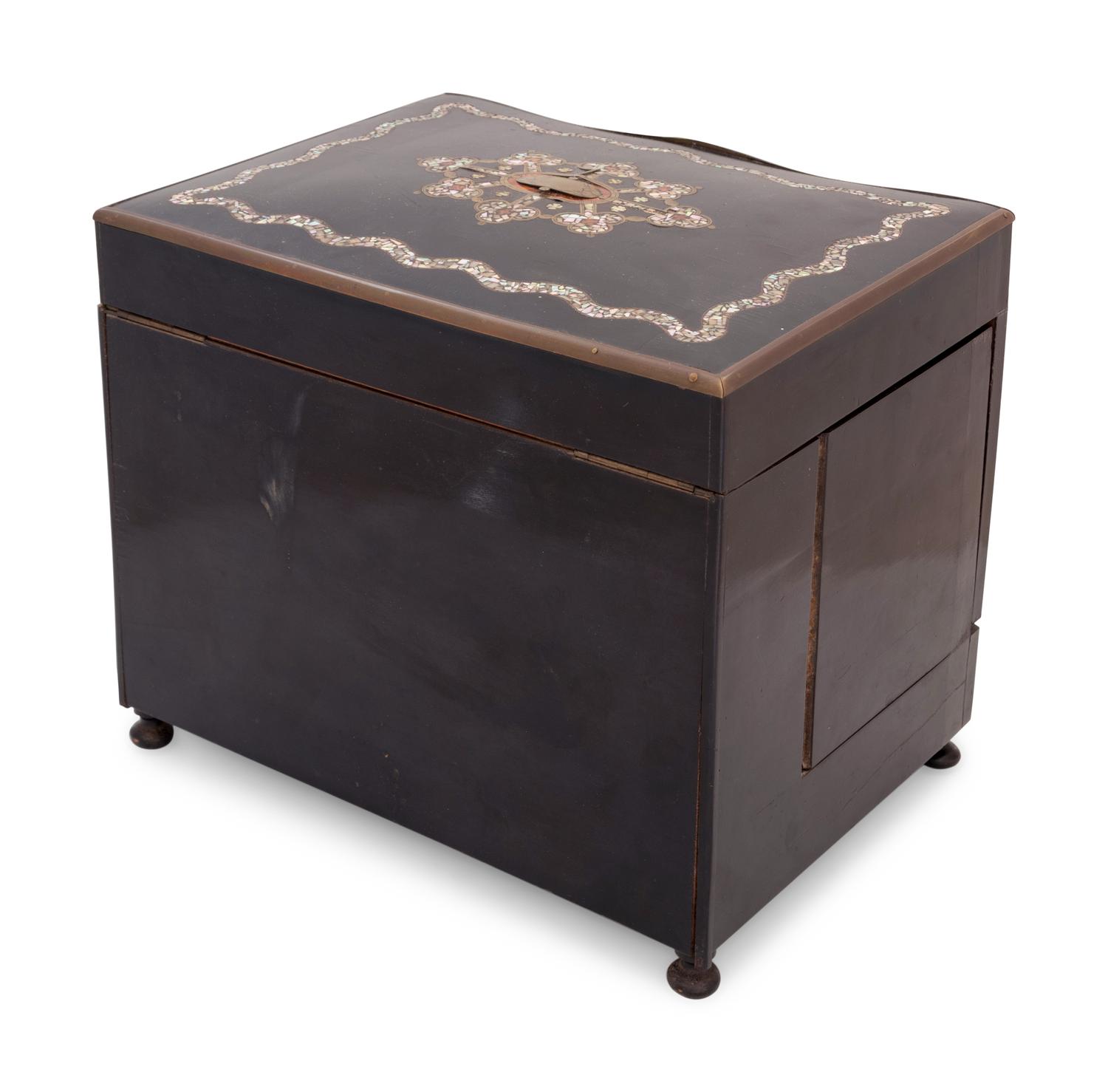 A Napoleon III Brass and Mother-of-Pearl Inlaid Ebonized Cave à Liqueur