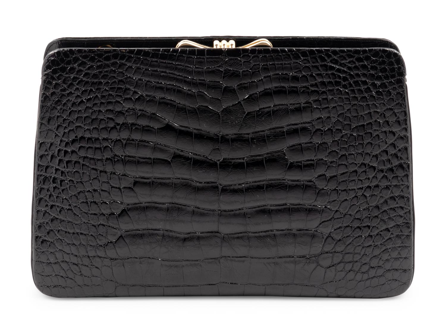 Judith Leiber Black Alligator Frame Shoulder Bag,