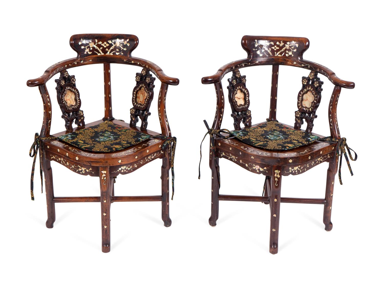 A Pair of Asian Mother-of-Pearl Inlaid Rosewood Corner Chairs — EARLY 20TH CENTURY