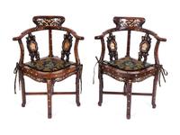 A Pair of Asian Mother-of-Pearl Inlaid Rosewood Corner Chairs — EARLY 20TH CENTURY