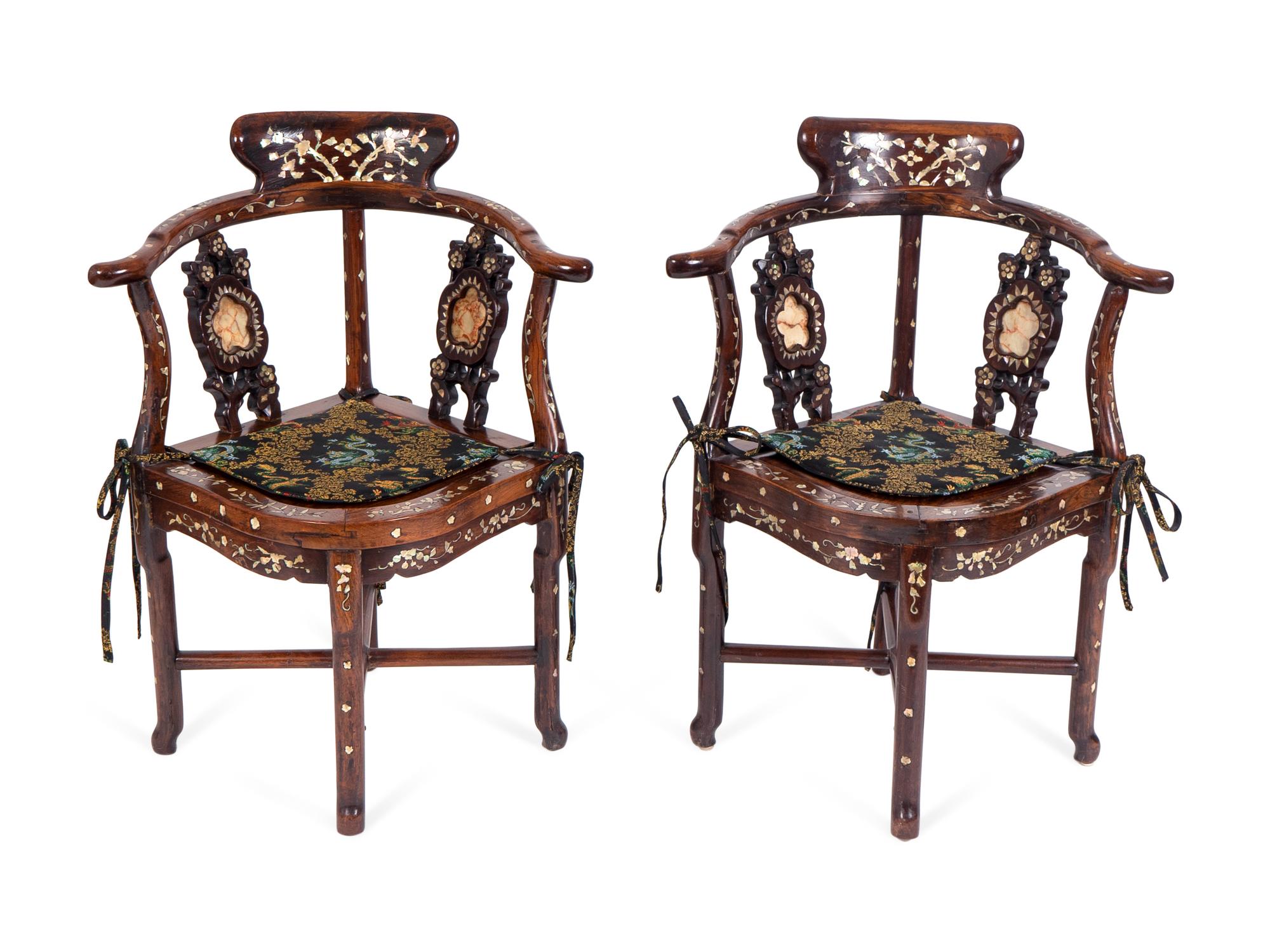 A Pair of Asian Mother-of-Pearl Inlaid Rosewood Corner Chairs — EARLY 20TH CENTURY