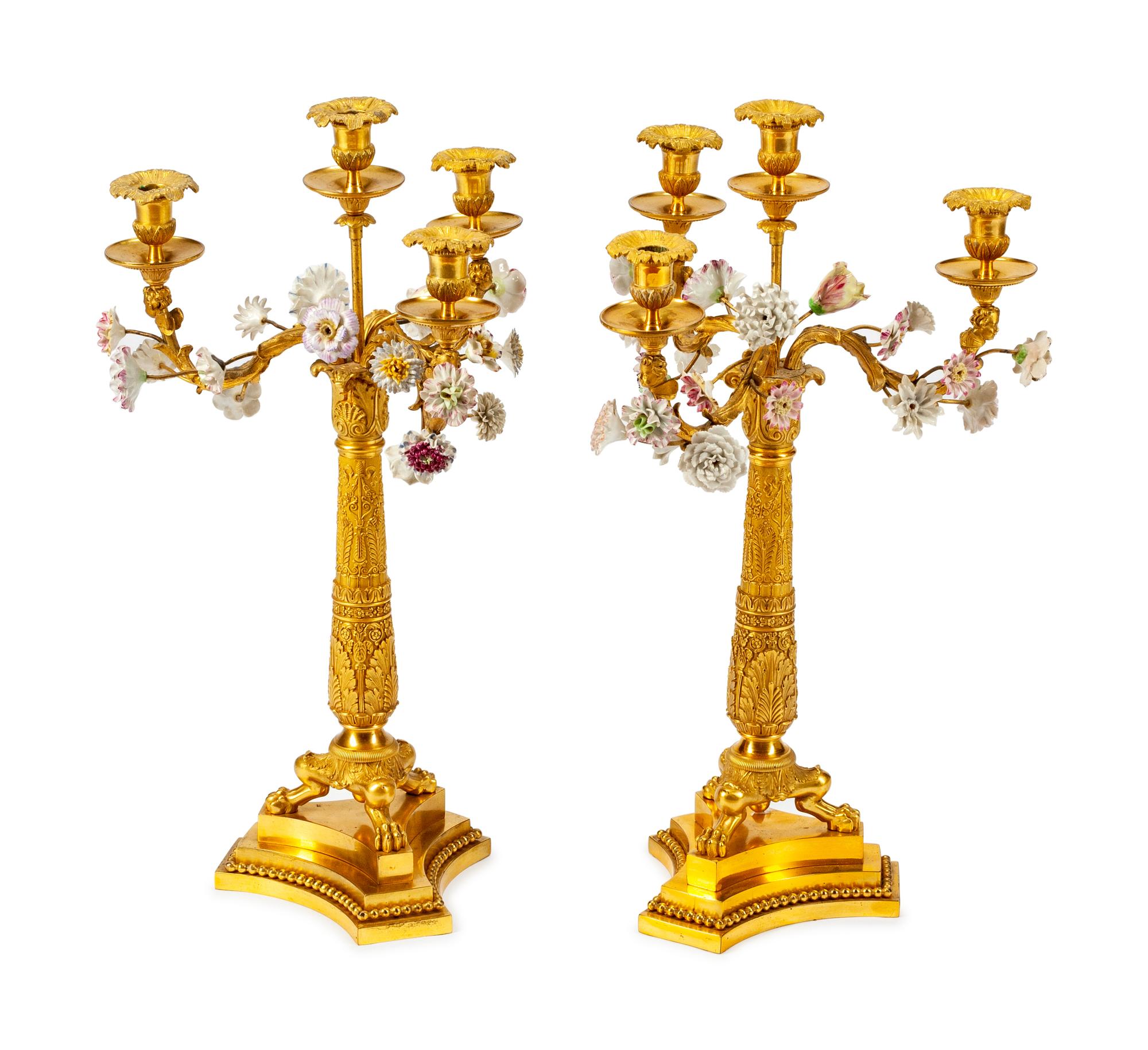 A Pair of Charles X Gilt-Bronze and Porcelain Four-Light Candelabra