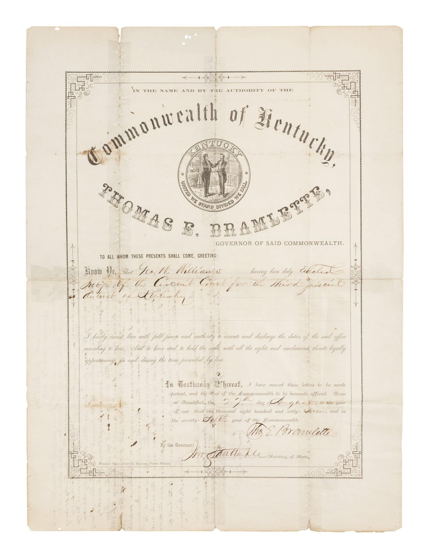 [BUCHANAN, James (1791-1868)] -- [KENTUCKY]. Partly printed land grant secretarily signed ("James Buchanan"). Washington, D.C., 3 January 1860.