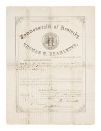 [BUCHANAN, James (1791-1868)] -- [KENTUCKY]. Partly printed land grant secretarily signed ("James Buchanan"). Washington, D.C., 3 January 1860.