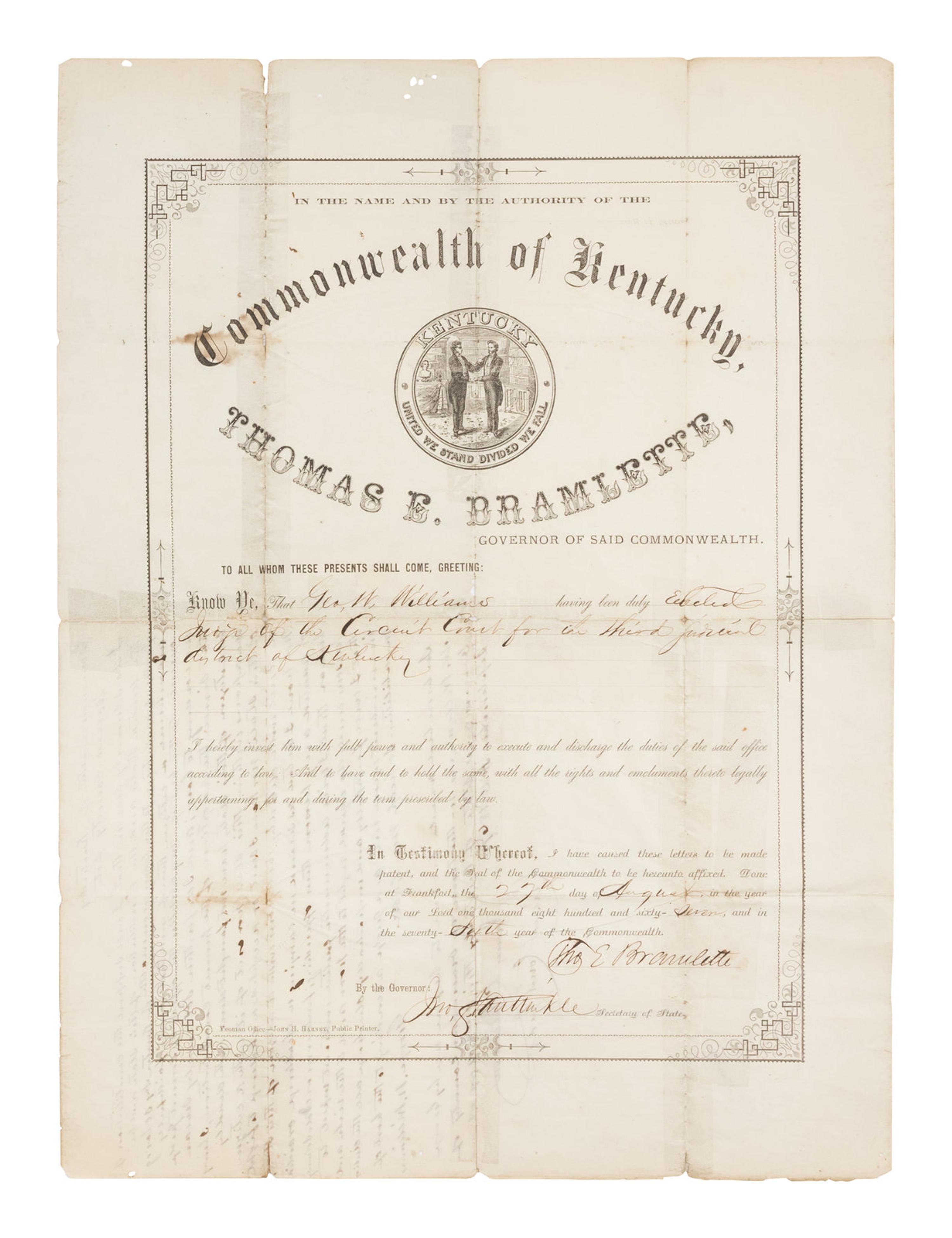 [BUCHANAN, James (1791-1868)] -- [KENTUCKY]. Partly printed land grant secretarily signed ("James Buchanan"). Washington, D.C., 3 January 1860.