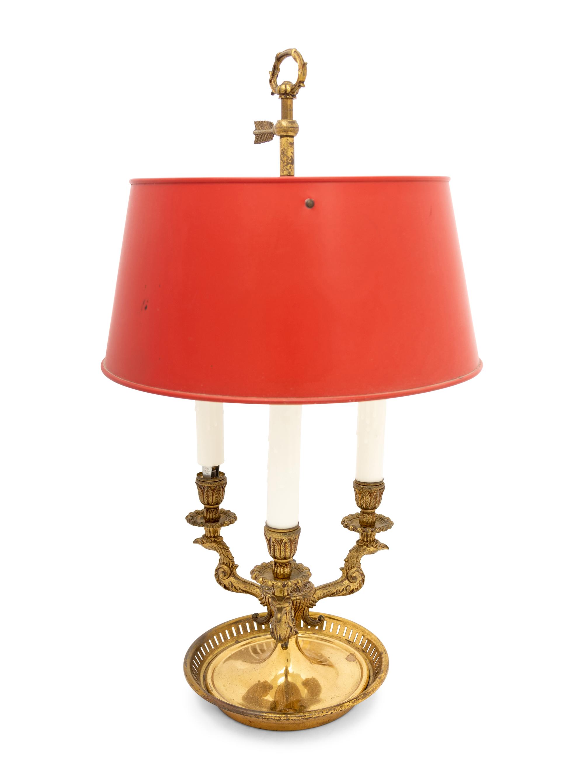 An Empire Style Brass Bouillotte Lamp with a Tole Shade